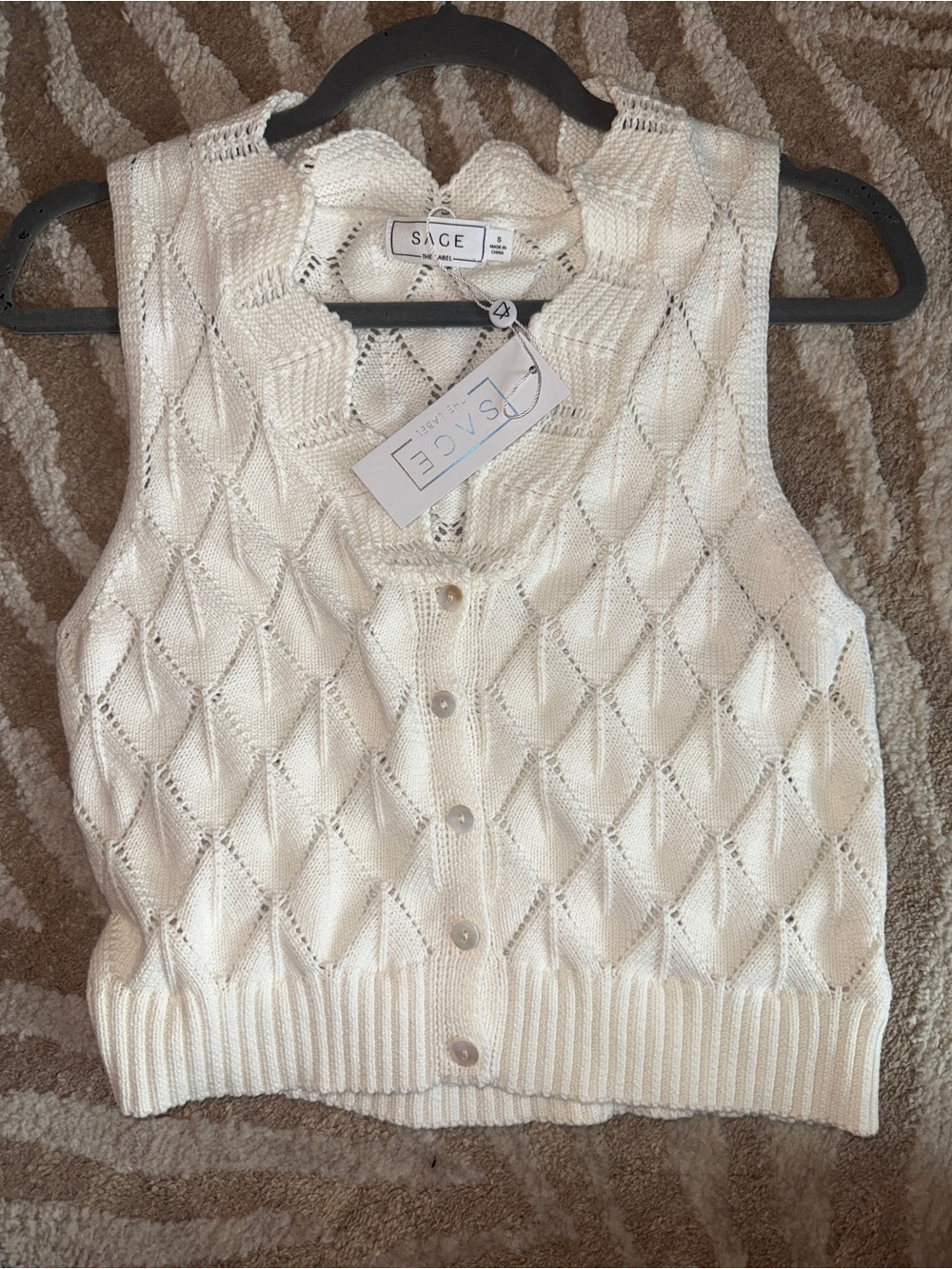 Sage Cream Diamond-Knit Button Front Sweater Vest